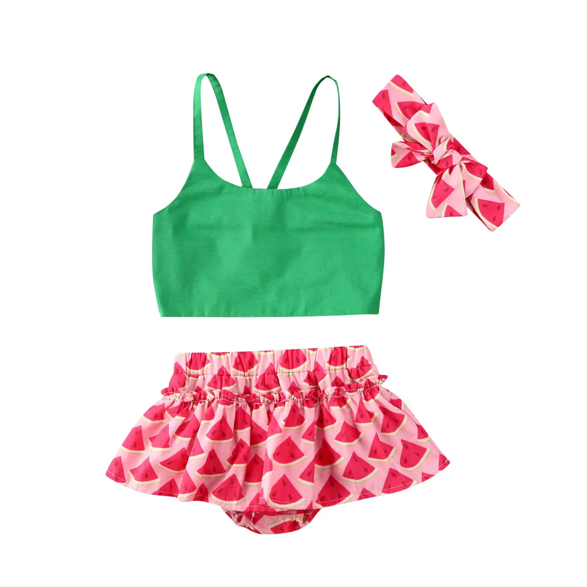 Three Piece Suit for Kids Sleeveless Strappy Top Pants Set with Headband Casual Cute Girls Watermelon Colthes | Детская одежда и