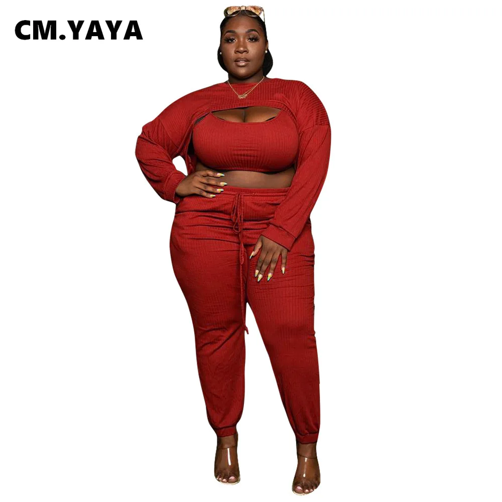 

Женский комплект из 3 предметов CM.YAYA, однотонный укороченный топ + бюстгальтер + брюки-карандаш, сексуальная модная Клубная одежда большого р...