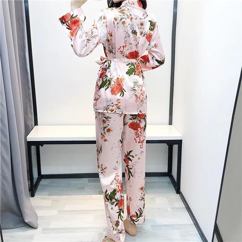 

3PCS Sleepwear Satin Women Pajamas Suit Printed Flower Kimono Robe Gown Spring Summer Pyjamas Pour Femme Home Clothes With Pants