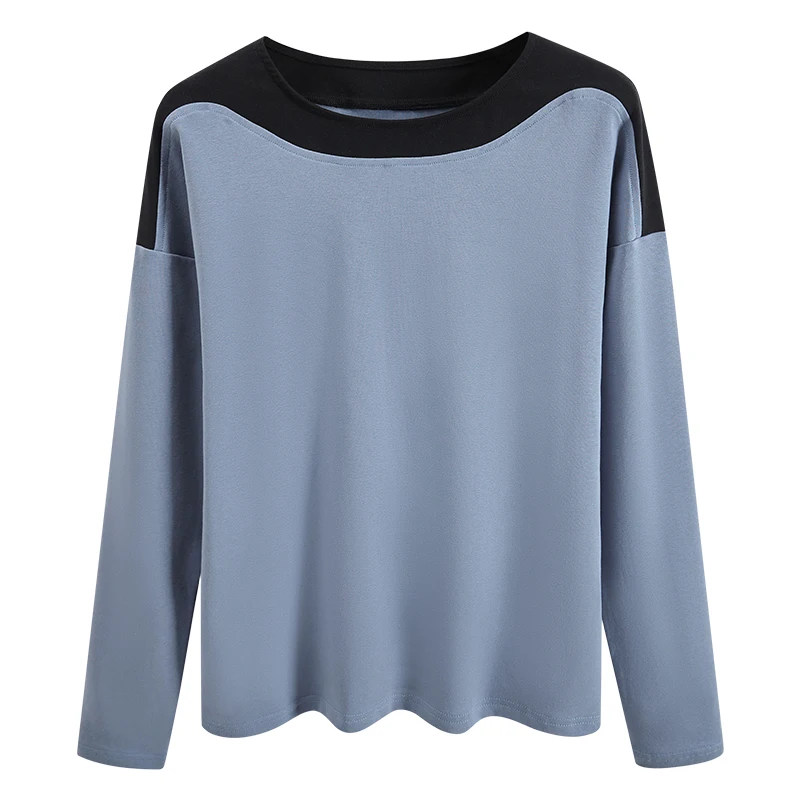 

OUMENGKA 2021 New Soft Free Loose Hot Sale Solid 95% Cotton Autumn New T-shirt Women Fashion Natural Long Sleeve Patchwork Shirt