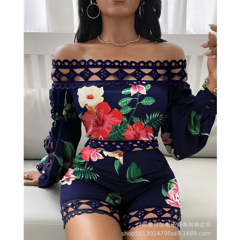 

Mandylandy Women's Floral Print Hollow Out Playsuit Ladies Casual Fashion Long Sleeve Off Shoulder Slim Fit Straight Romper