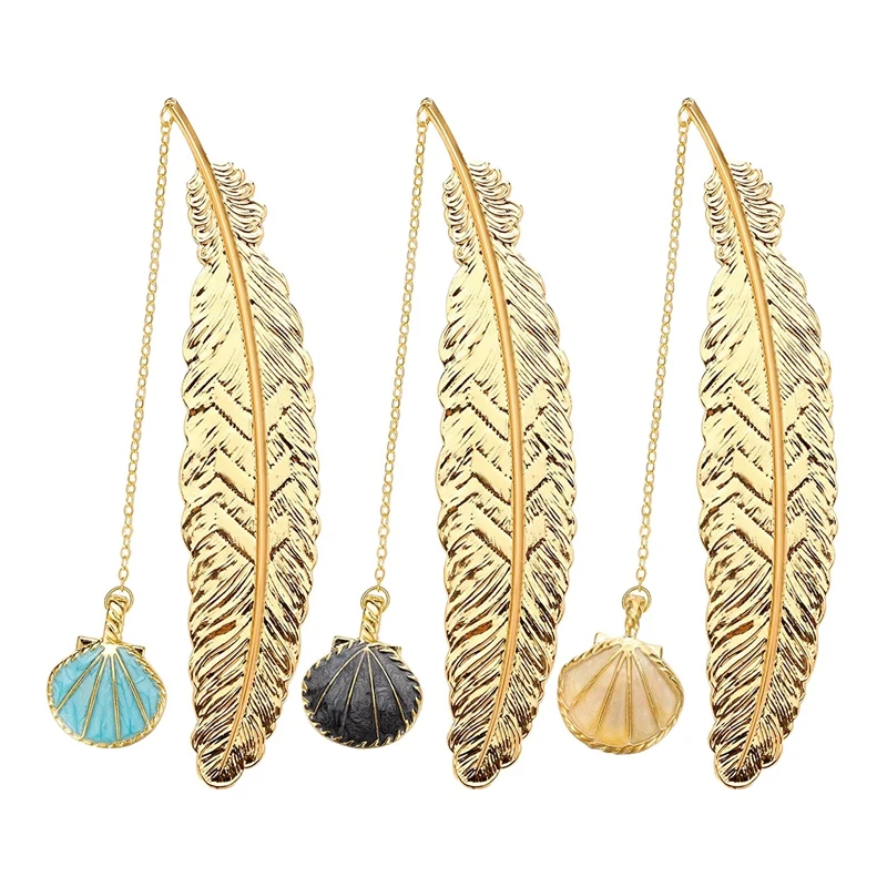 

3Pcs Metal Feather Shaped Bookmarks Gold Feather Book Marks with Shell Pendant Cute Pendant Feather Bookmark School Home