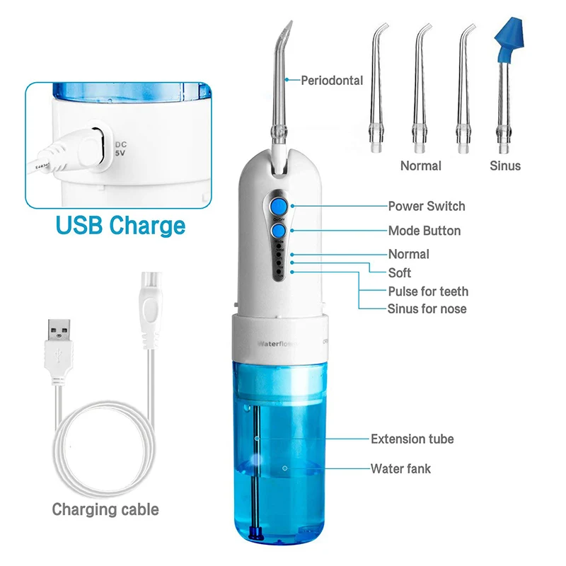 Electric Portable Oral Irrigator 4 Modes Watreproof Rechargeable 150ML Water Tank Dental Flosser 5 Water Jet Tips Tooth Care
