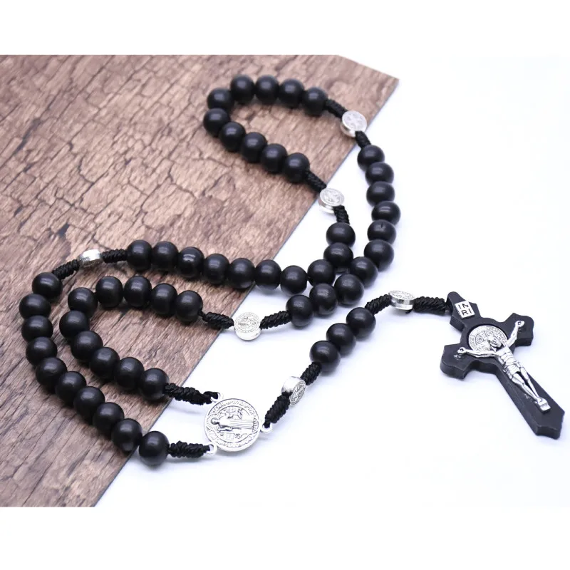 

8 MM Black Brown Wooden Rosary Necklace Religious Elegant Catholic Big Cross Pendent For Women Men Fashion Beads Jewerly