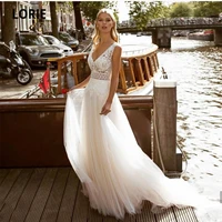 lorie bohemian wedding dresses v neck lace a line beach tulle fashion bridal gown sleeveless open back vestidos de verano