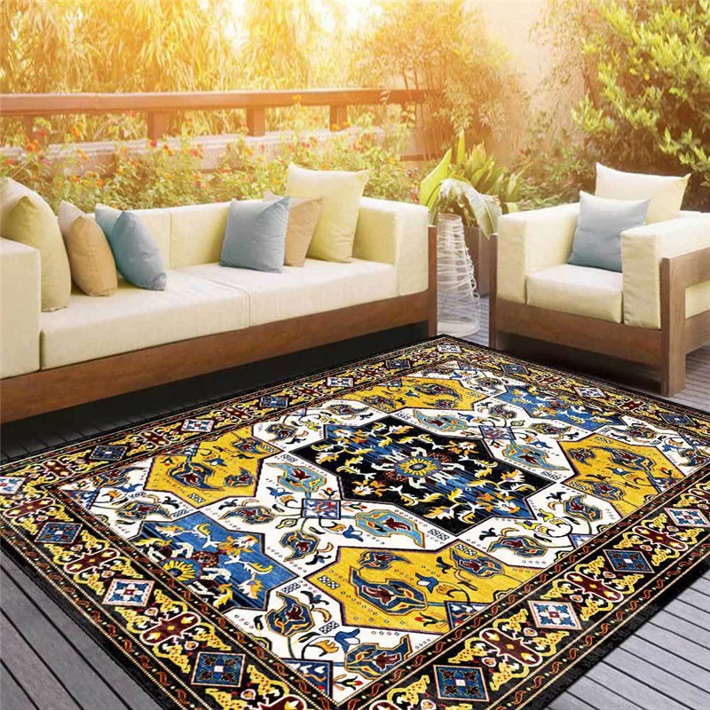 

Retro Style Palace Rug Bright Yellow Blue Floral Persian Ethnic-Style Living Room Bedroom Carpet Bed Carpet Bathroom Floor Mat