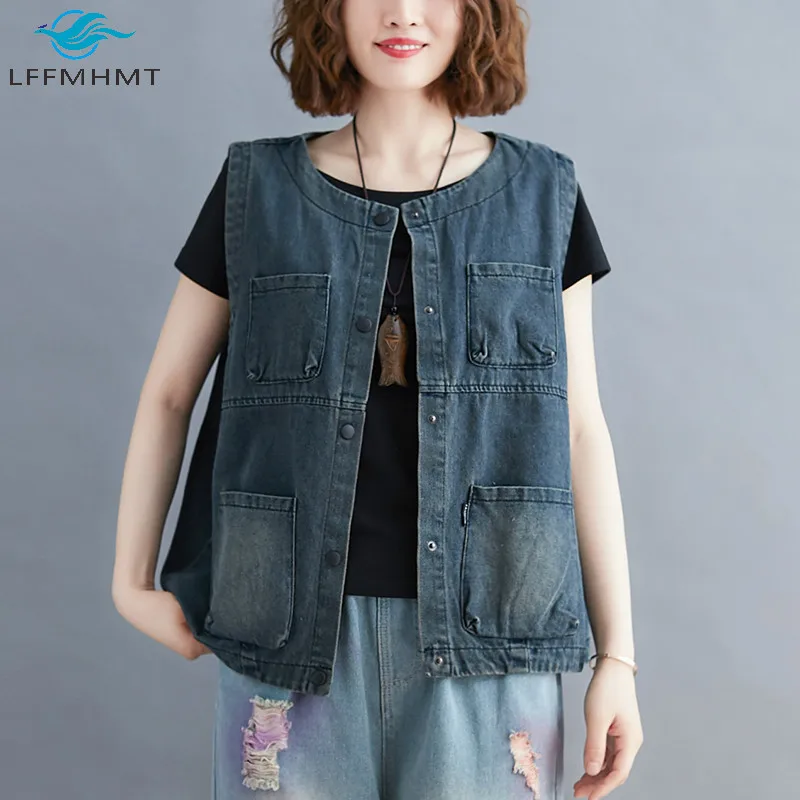 

Women Vintage Fashion Sleeveless Denim Vest Office Lady Casual Loose Korean Style Wild Multi Pockets Waistcoat Female Chic Tops