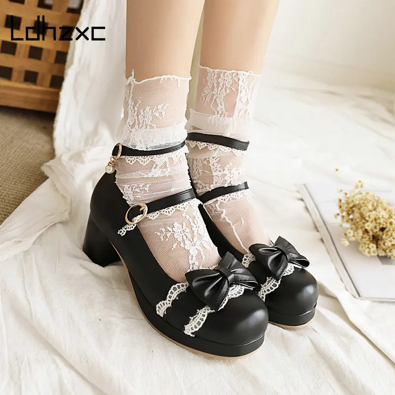 

LDHZXC College Student Shoes Girl Lolita Shoes JK Uniform PU Leather Platform Heels Ankle Strap Womens Pumps New Spring