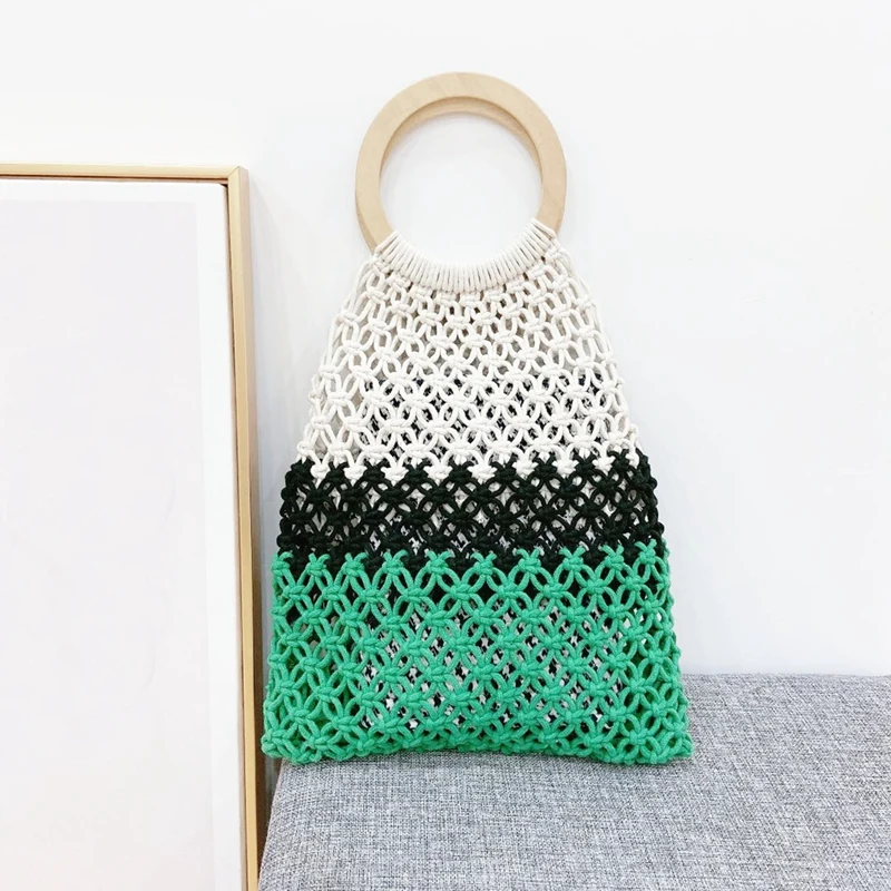 

Fashion Bohemian Women's Wooden Handle Handbag Straw Leisure Woven