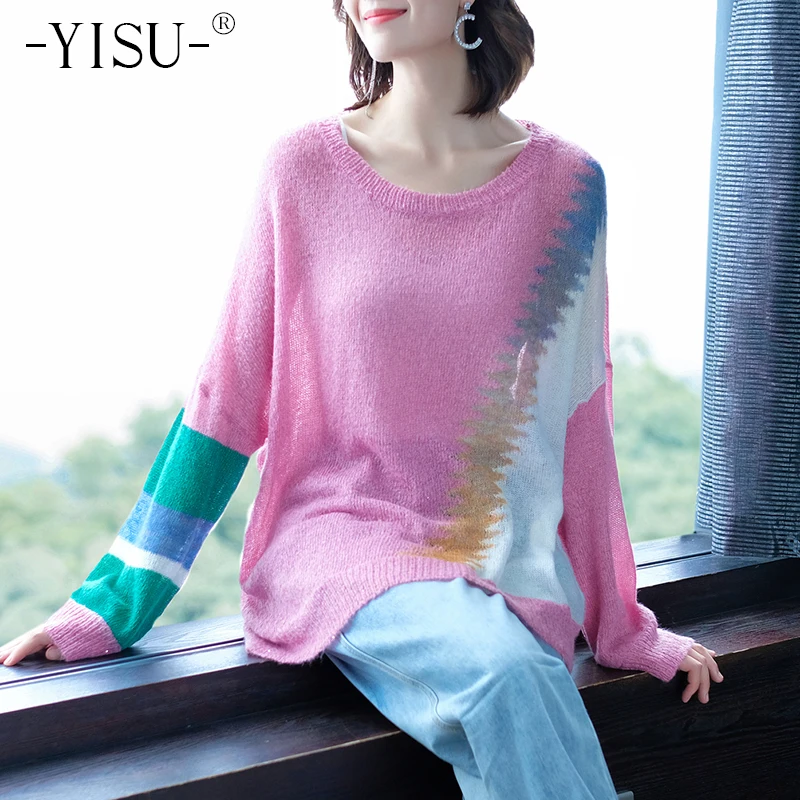 

YISU Autumn Winter Knitted Sweater Stitching color Loose Mohair Pullover O Neck Long-sleeve jumper Tops Sweater Women