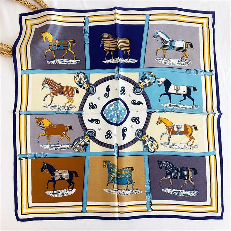 

POBING 100% Pure Silk Scarf Women Horse Carriage Print Square Scarves Small Head Handkerchief Wholesale Hijab Wraps 53x53CM