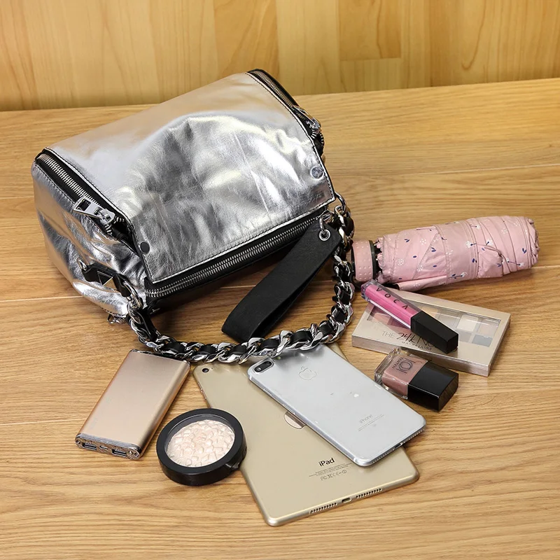 Женская сумка тоут с серебряной цепочкой роскошная через плечо из 100% натуральной