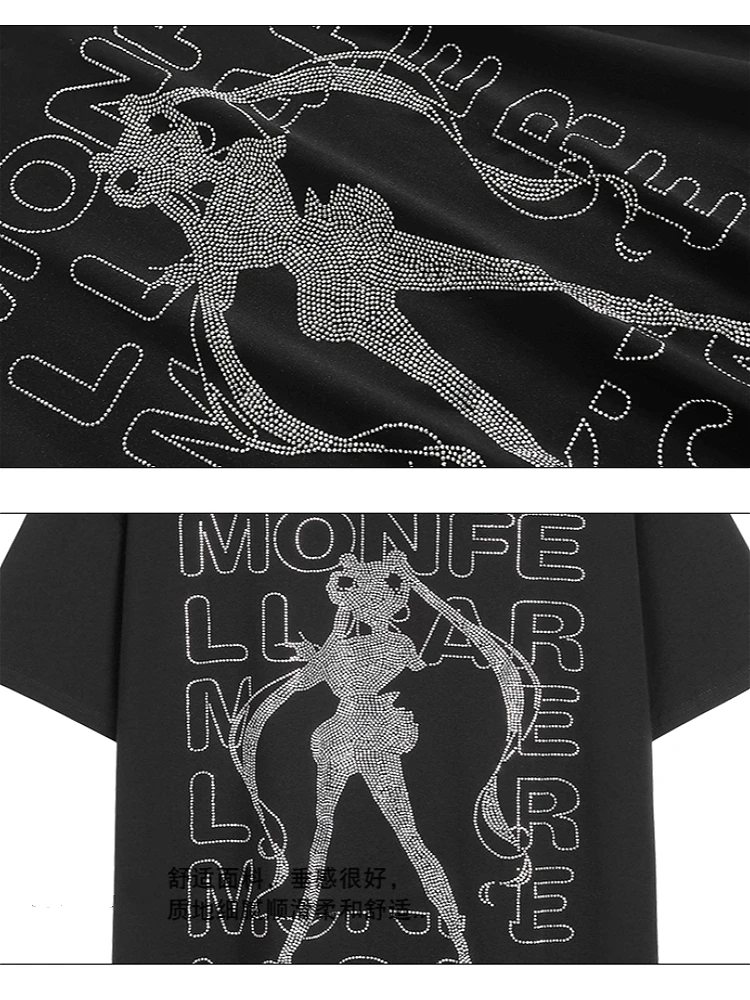 

2020 Harajuku Style Heavy Industry Hot Drilling Beautiful Girl Short-sleeved T-shirt Women Pure Cotton Street Style Loose Tops