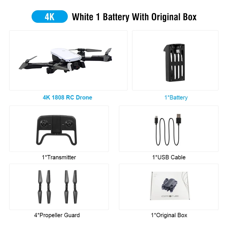 White 4K 1Battery 1808 wifi FPV с 4K широкоугольной камерой оптический поток режим удержания высоты складной Радиоуправляемый Дрон Квадрокоптер RTF - Цвет: White 4K 1Battery