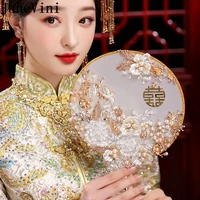 janevini luxury gold pearls chinese bridal fan metal round bride wedding hand fan flowers bouquet ancient matched headpieces set