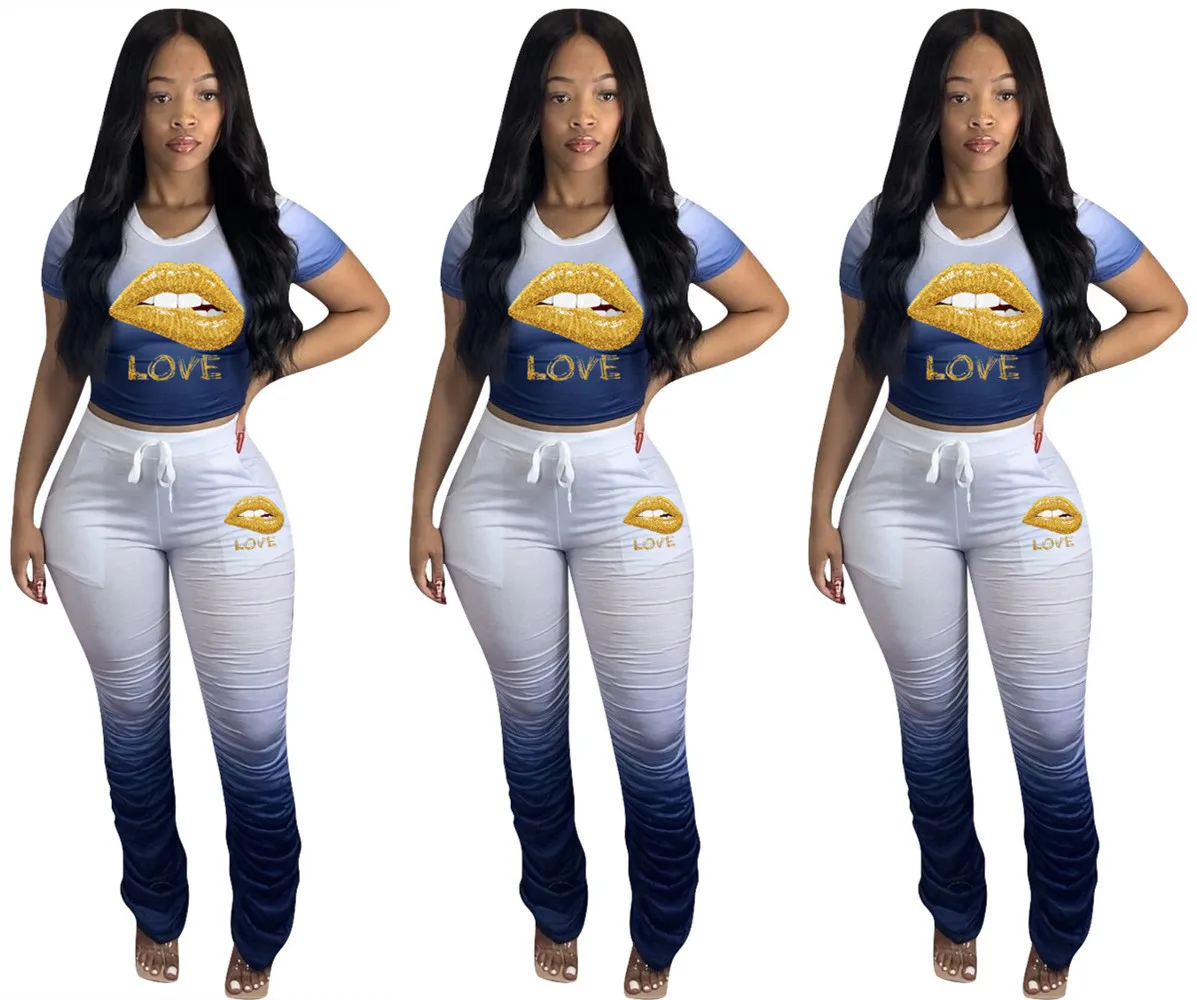 

Two Piece Set for Women Autumn Crop Top and Casual Pants Gradient Lips Embroidery Lounge Wear Folds Stacked Pants Suit