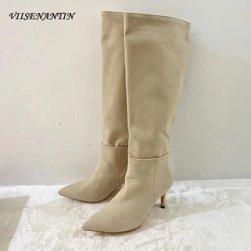 

High Tube Plush Lining Sexy Knee-length Boots Pointed Toe Apricot Stiletto High Heel Simple All-match Sleeve Long Boots