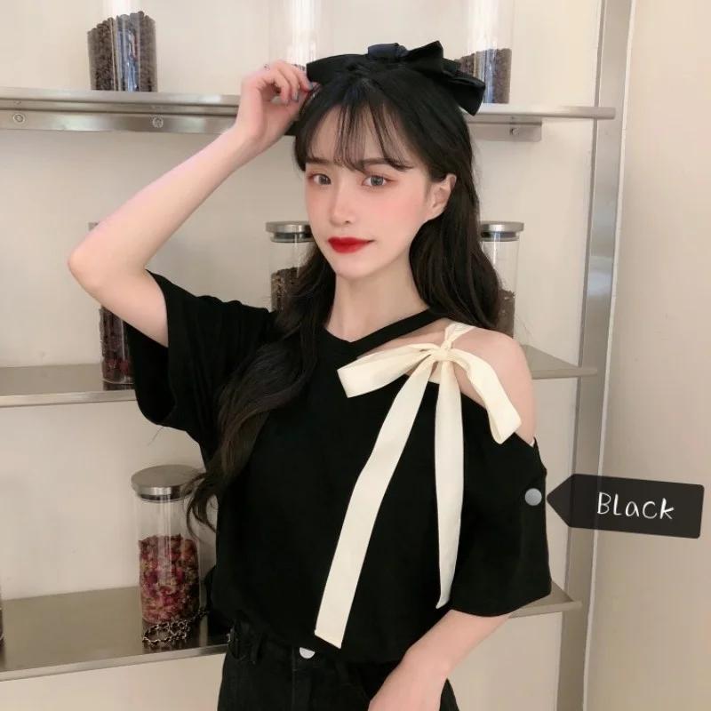 

Online Influencer Bow Irregular off-the-Shoulder Top Women's Design Sense Niche T-shirt Summer Short-Sleeved T-shirt