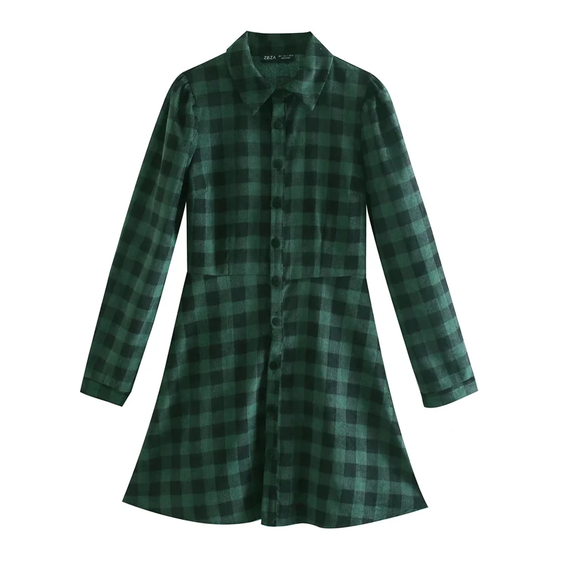 

Women 2021 za chic fashion button-up plaid mini corduroy shirt dress vintage lapel collar long sleeve female dresses mujer