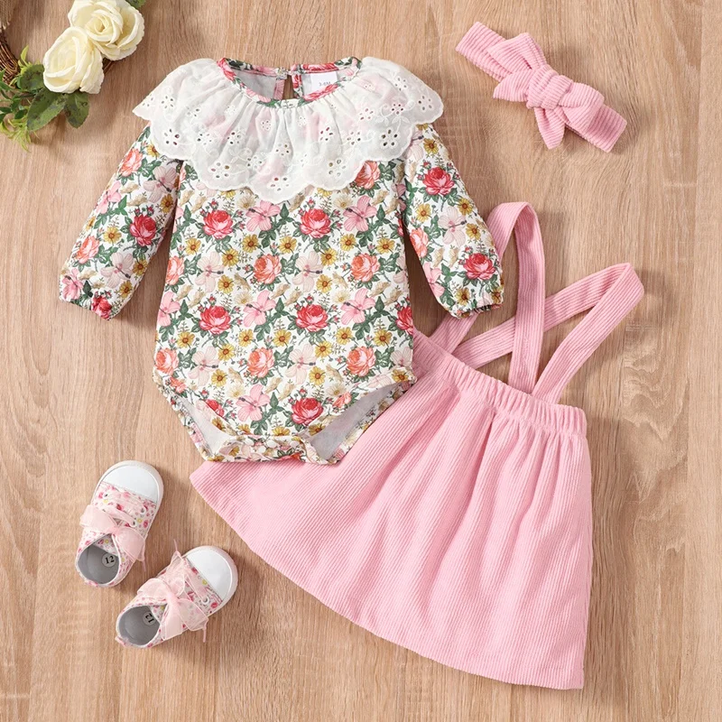 

Комплект из 3 предметов для новорожденных девочек, кружевной топ с цветочным принтом и воротником, платье на бретелях и повязка на голову, ми...