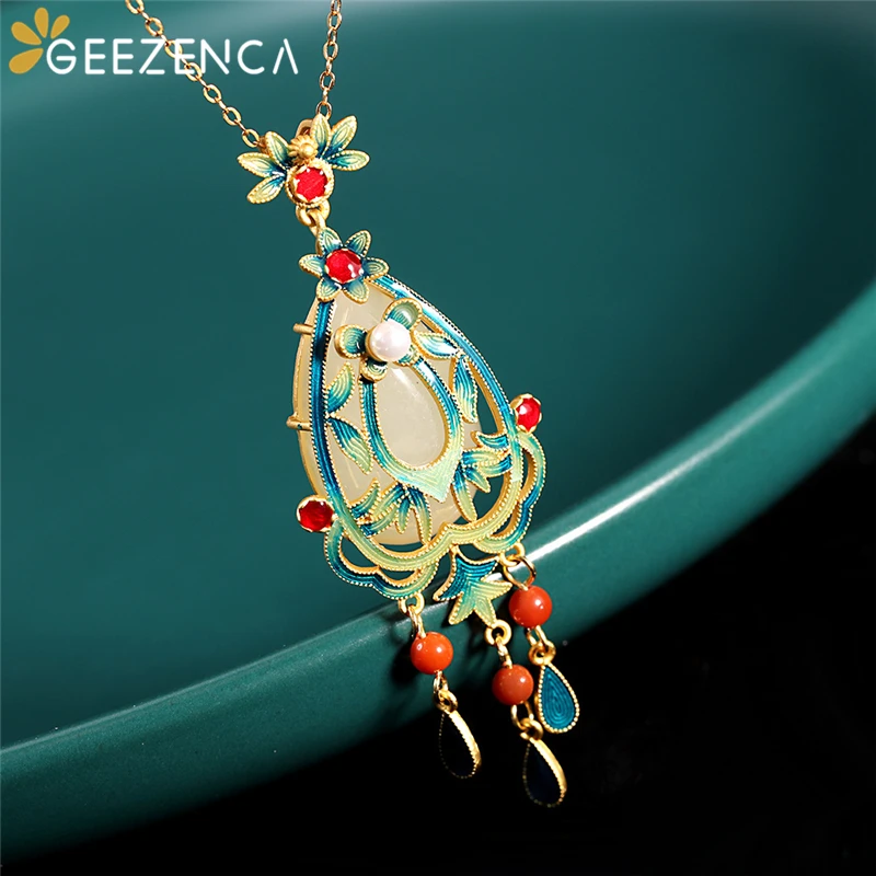 

Vintage S925 Silver Gold-plated Hetian Jade Cloisonne Pendant For Women Fine Jewel Agate Tassels Necklace Pendants Without Chain