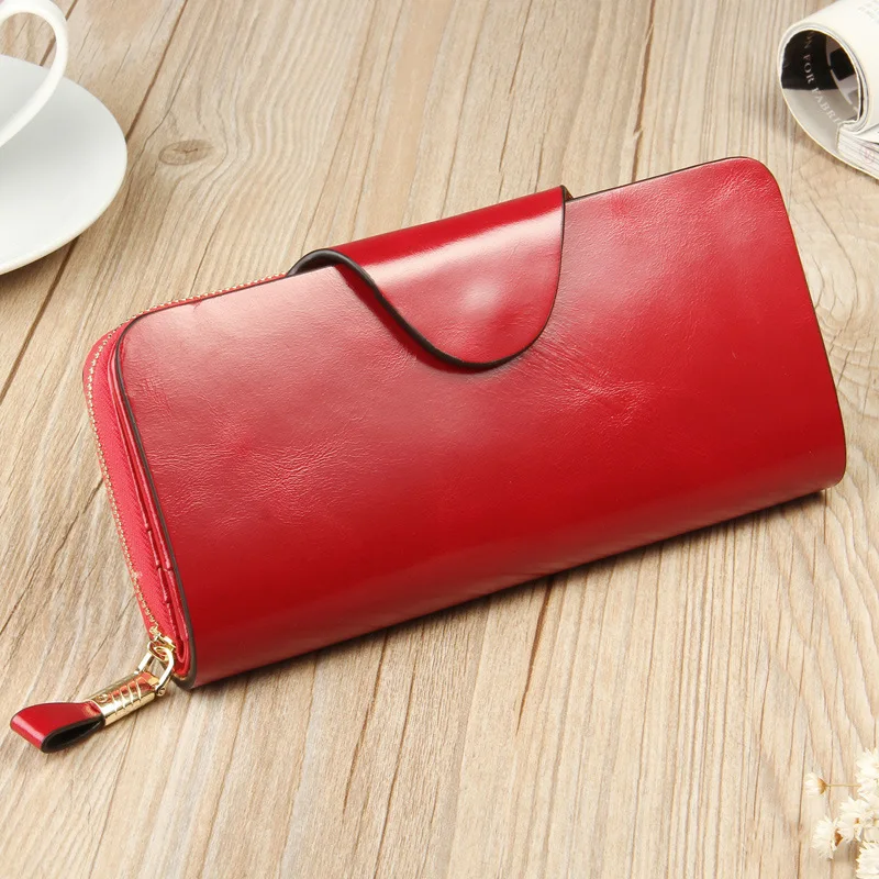 

Anti-magnetic RFID Ladies Purse Head Layer Oil Wax Leather Long Real Leather Clutch Bag Womens Wallets Phone Wallet