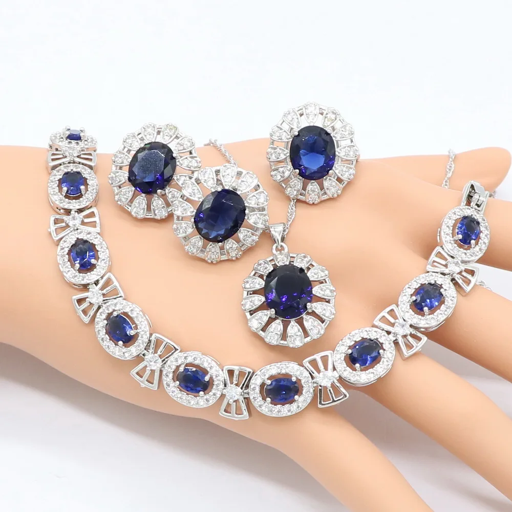 Модные Серебряные Ювелирные наборы для женщин темно синий кубический цирконий