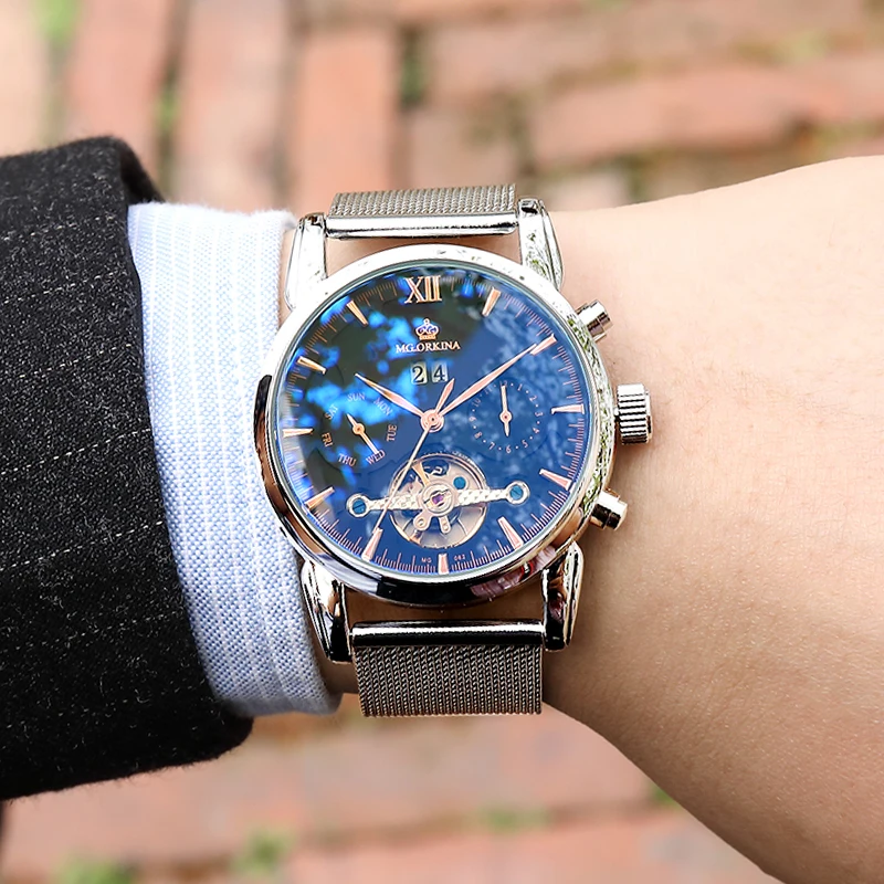 MGORKINA Роскошные Брендовые мужские часы из нержавеющей стали с сетчатым ремешком