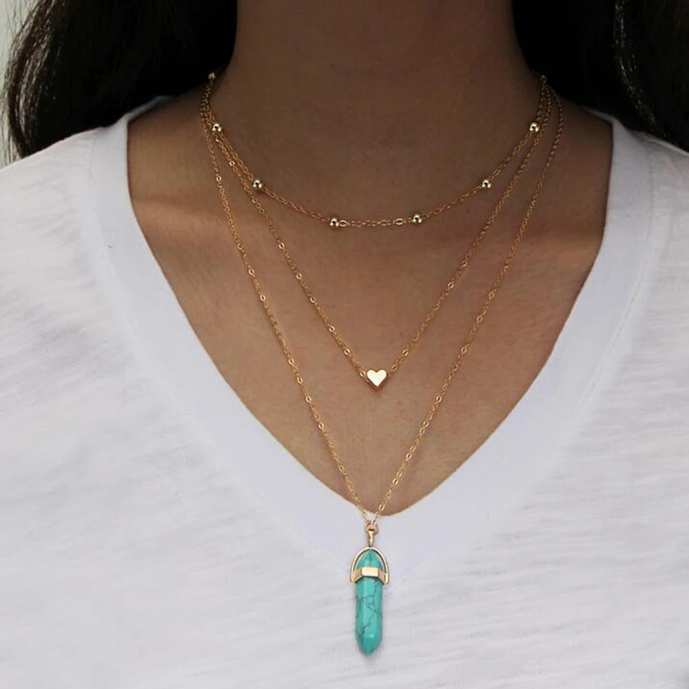Vintage Opal камень Чокеры Цепочки и ожерелья s модная разноцветная Слои хрустальное сердце кулон Цепочки и ожерелья массивные Богемские ювелирные изделия для Для женщин