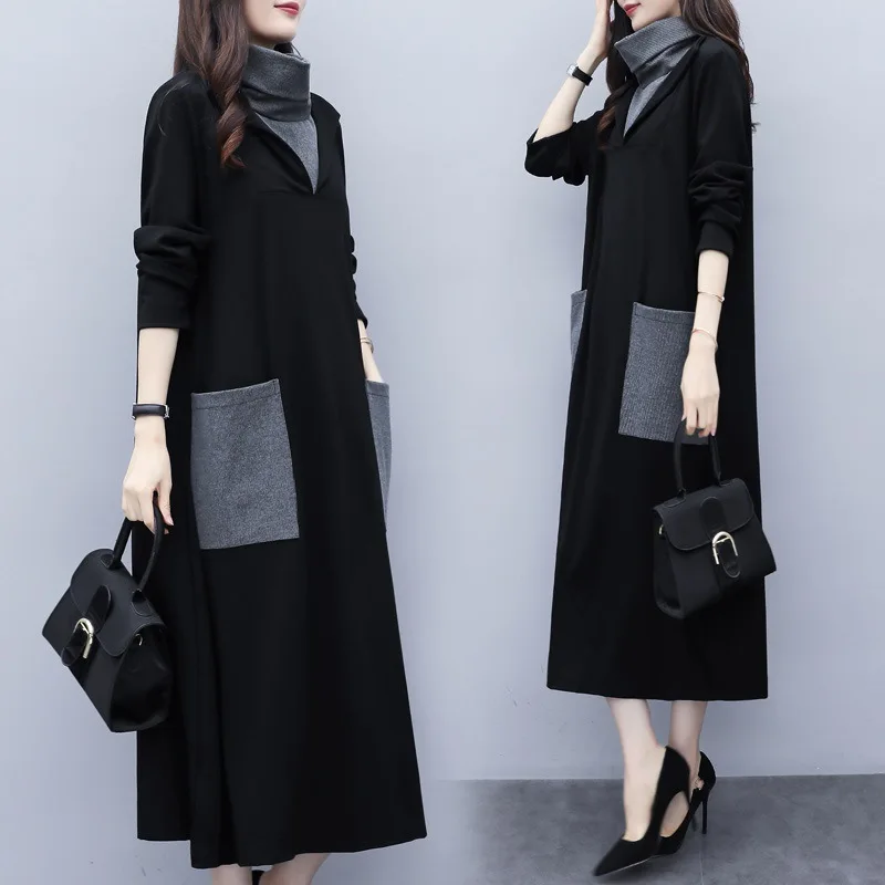 Осень зима 2021 женское Свободное длинное платье большого размера строченное