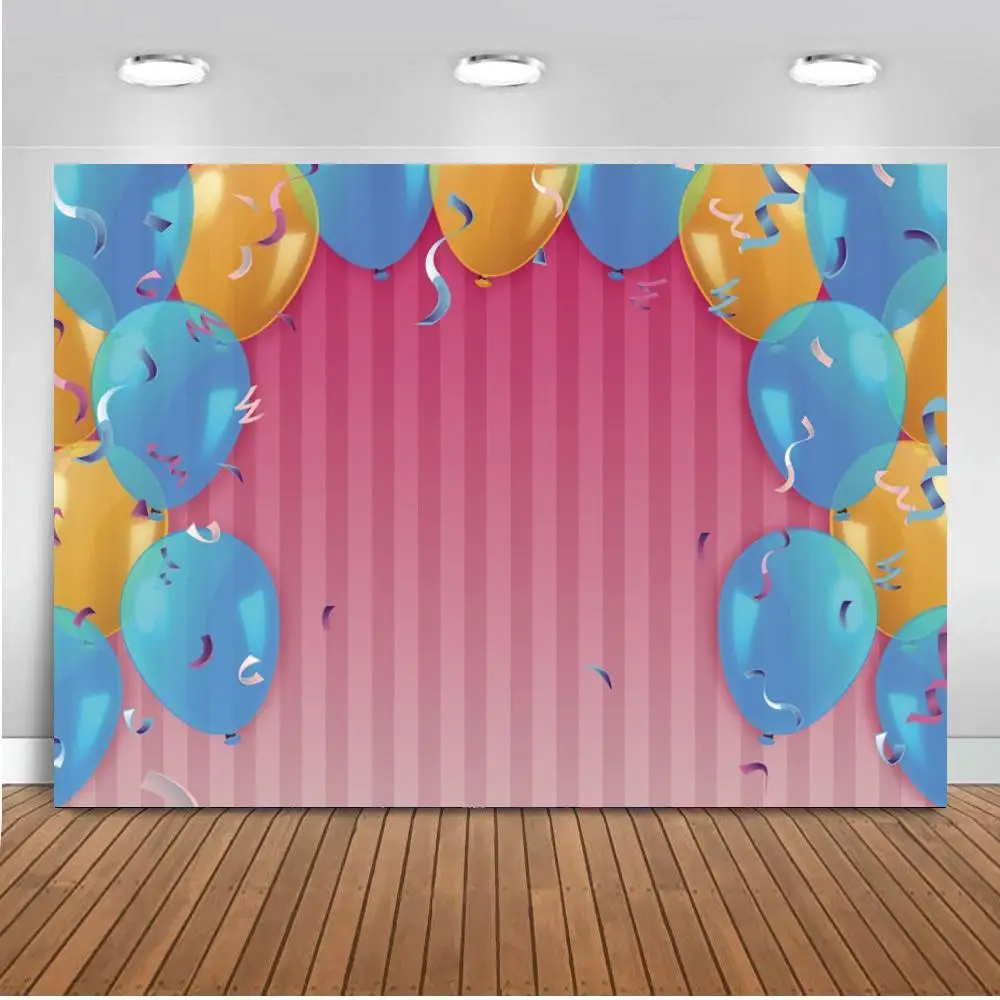 

Фоны для фотосъемки с изображением дуги моста воздушных шаров полосатых занавесок торта празднования дня рождения хозяйки сцены