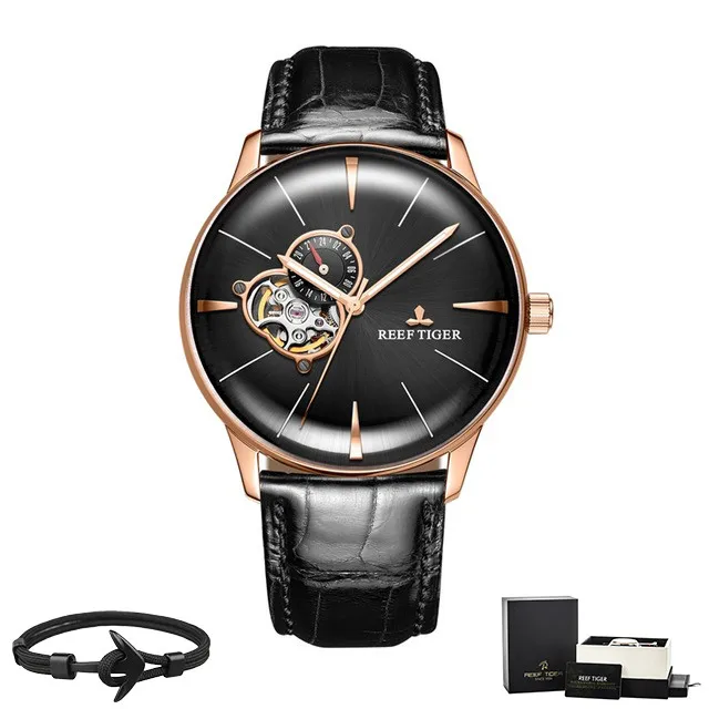 Reef Tiger бренд Tourbillon черный циферблат водонепроницаемые автоматические часы Топ Механические Роскошный кожаный ремешок мужские часы reloj hombre - Цвет: RGA8239-PBB Box Gift