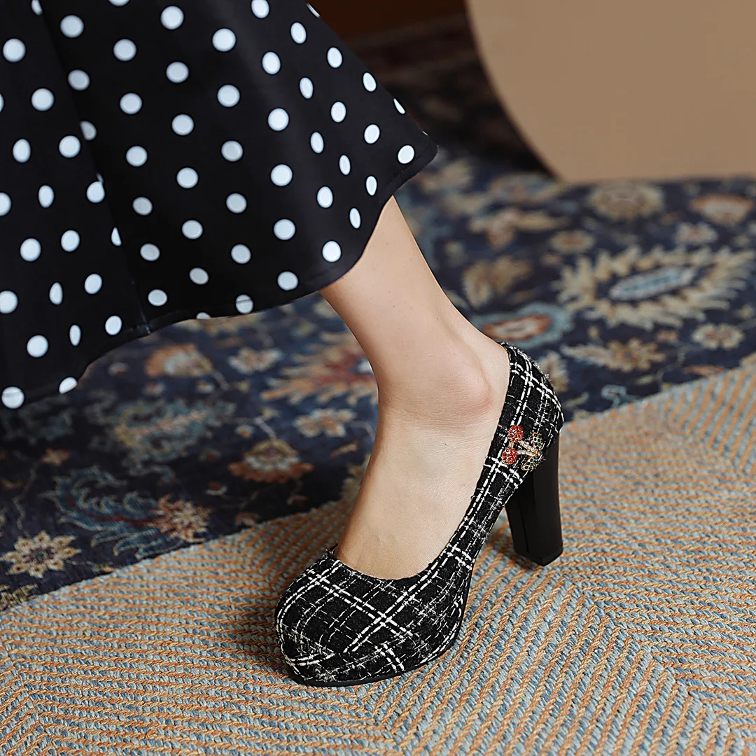 

Striped Plaid Fabric Sweet Mary Jane Shoes Shiny Rhinestone Applique Chunky Heel Shopping And Dating Pumps 2021