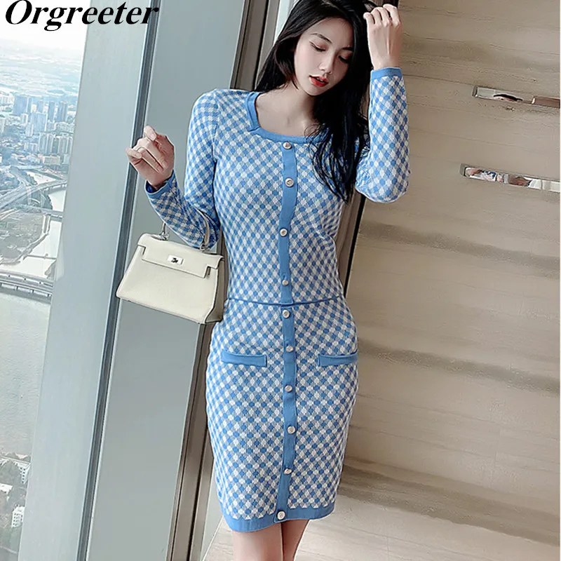 

Женский винтажный клетчатый вязаный костюм, элегантный костюм из двух предметов, однобортный свитер с квадратным вырезом и облегающая юбка