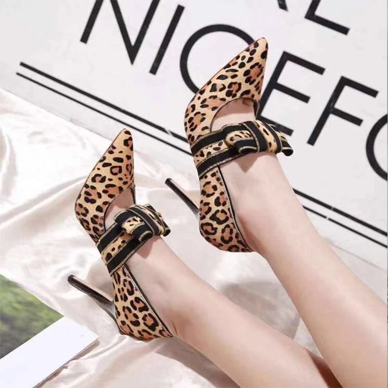 

2020 Fashion Pointed Toe Lady Pumps Sexy Leopard Print Bow Thin Heel Shoes Women Platform Shoes Luxury Shoes Women