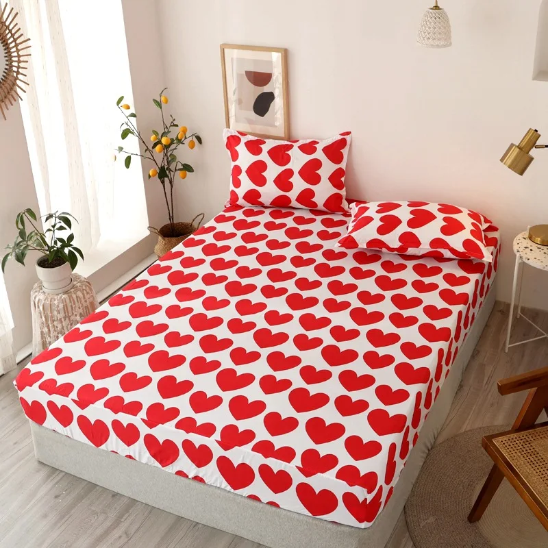 

Polyester Bed Sheet Modern Style Solid Fitted Sheet Printed Non-slip Bed Cover With Elastic Band Soft Mattress Cover Bedding