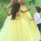 Элегантные желтые цветочные платья для девочек, бальное платье без рукавов с аппликацией, Детские вечерние платья для выпускного, пышное Тюлевое Пышное Платье для девочек