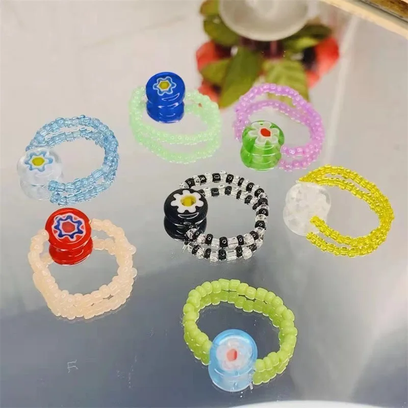 

2021 Boho Fashion Candy Color Rice Beads Rings For Women Star Heart Chain Butterfly Flower Style Jewelry Gifts Accessories