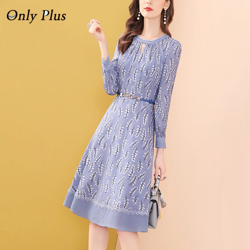 

Only Plus French Vintage Gentle Blue Floral Dress Autumn Printed A-line Chiffon Dress With Belt Casual Beach Style Vestidos