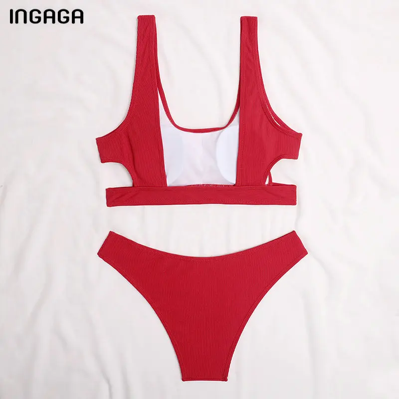 

INGAGA Ribbed Swimwear Women's Swimsuit Push Up Bikinis Cut Out Bathing Suit 2021 Sexy Thong Biquini Summer Red Bikini Set