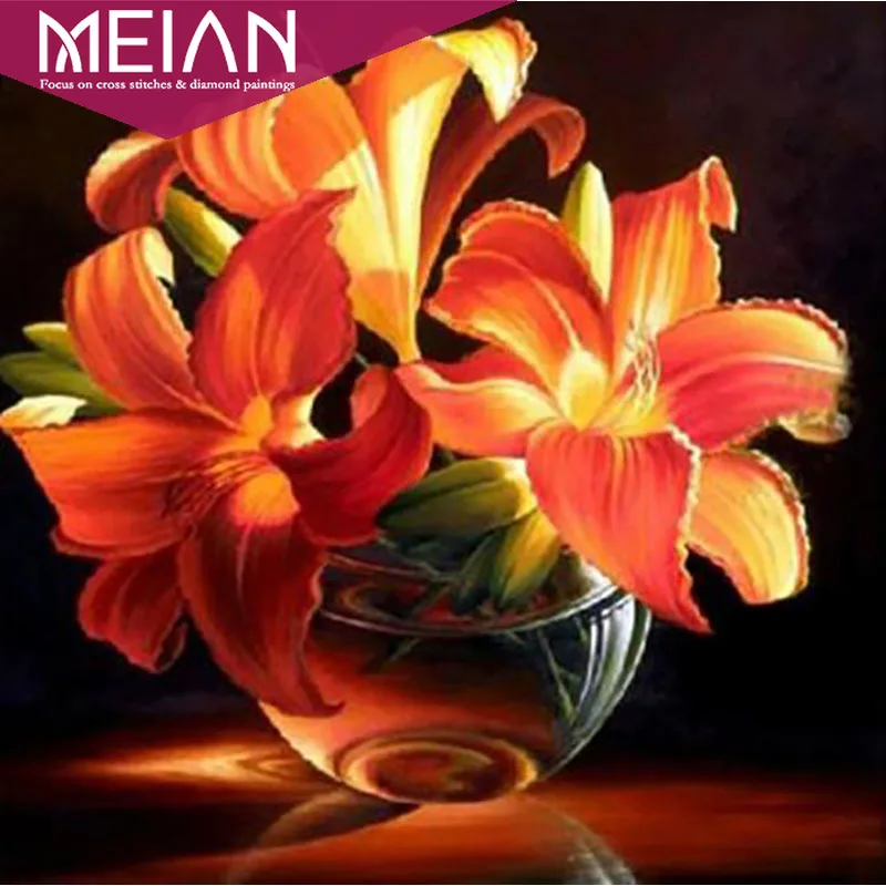 Набор для вышивки крестиком Meian Flower круглая Алмазная краска лилии с алмазными