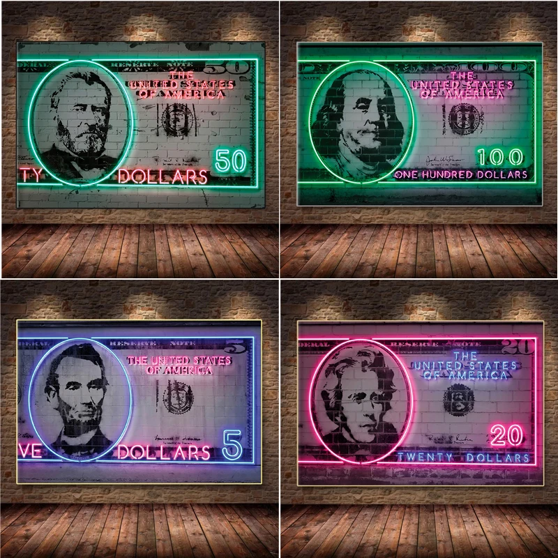 

Modern Street Graffiti Canvas Painting Wall Art Hundred-Dollar Bill With Green and Pink Neon Posters Prints Living Room Decor