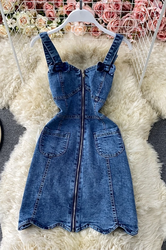 

New Age Reducing Fashion Zipper Slim Bow Suspender Denim Dress Sleeveless Girls Jeans Strap Short Mini Dresses