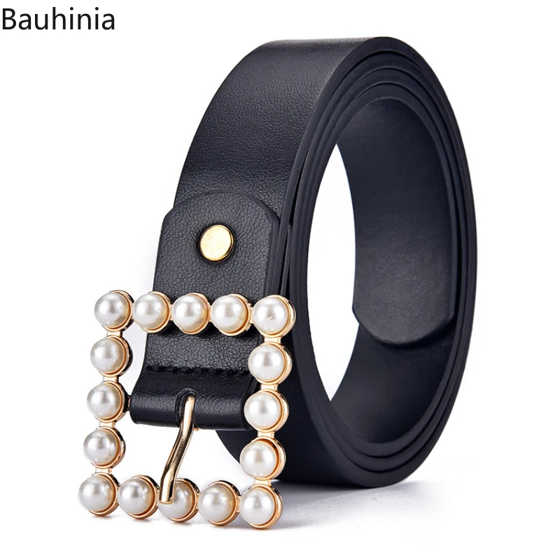 

New Style 110x3cm Pearl Decoration Ladies Pin Buckle Belt Fashion All-match Back/White Dress Belt 2021