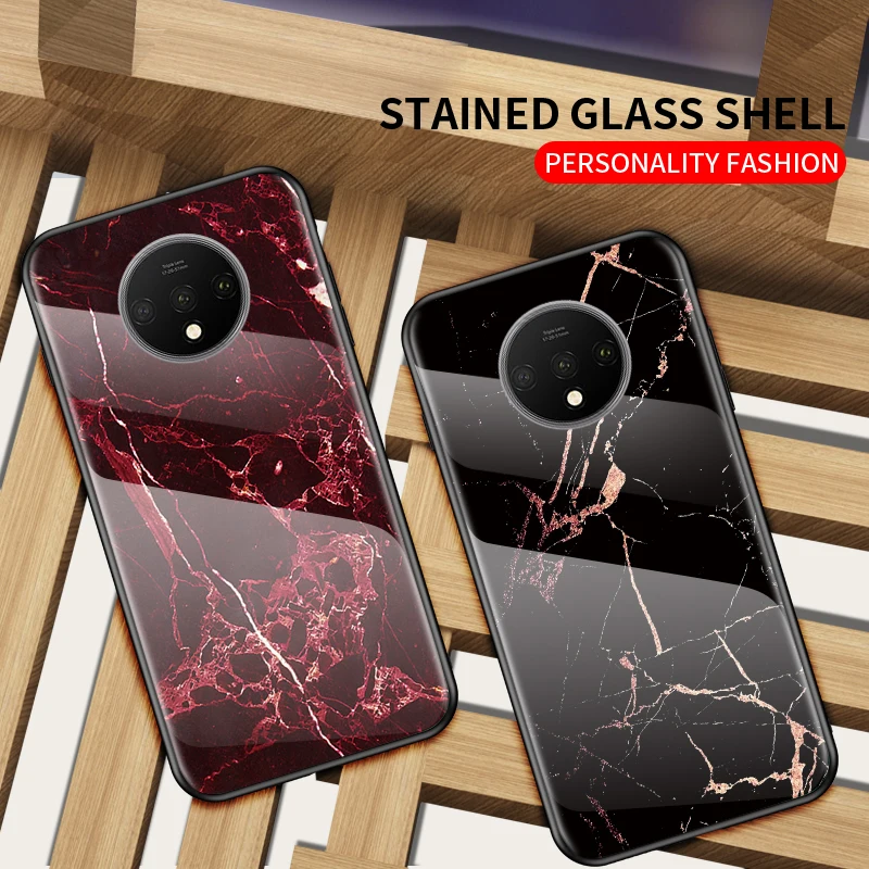 For Oneplus 7T Pro Case Luxury Marble Glass Hybrid Soft Silicone edge Hard Cover Coques |