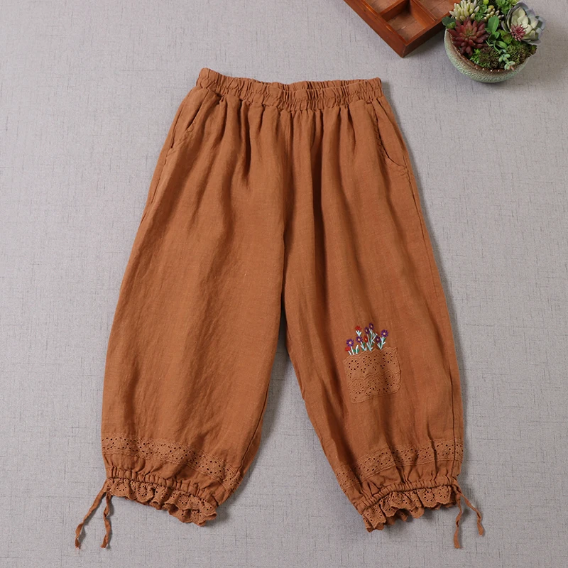 

Japan Style Mori Girl Solid Color Linen Wide leg Pants Loose Embroidered Literature Cropped Bloomers