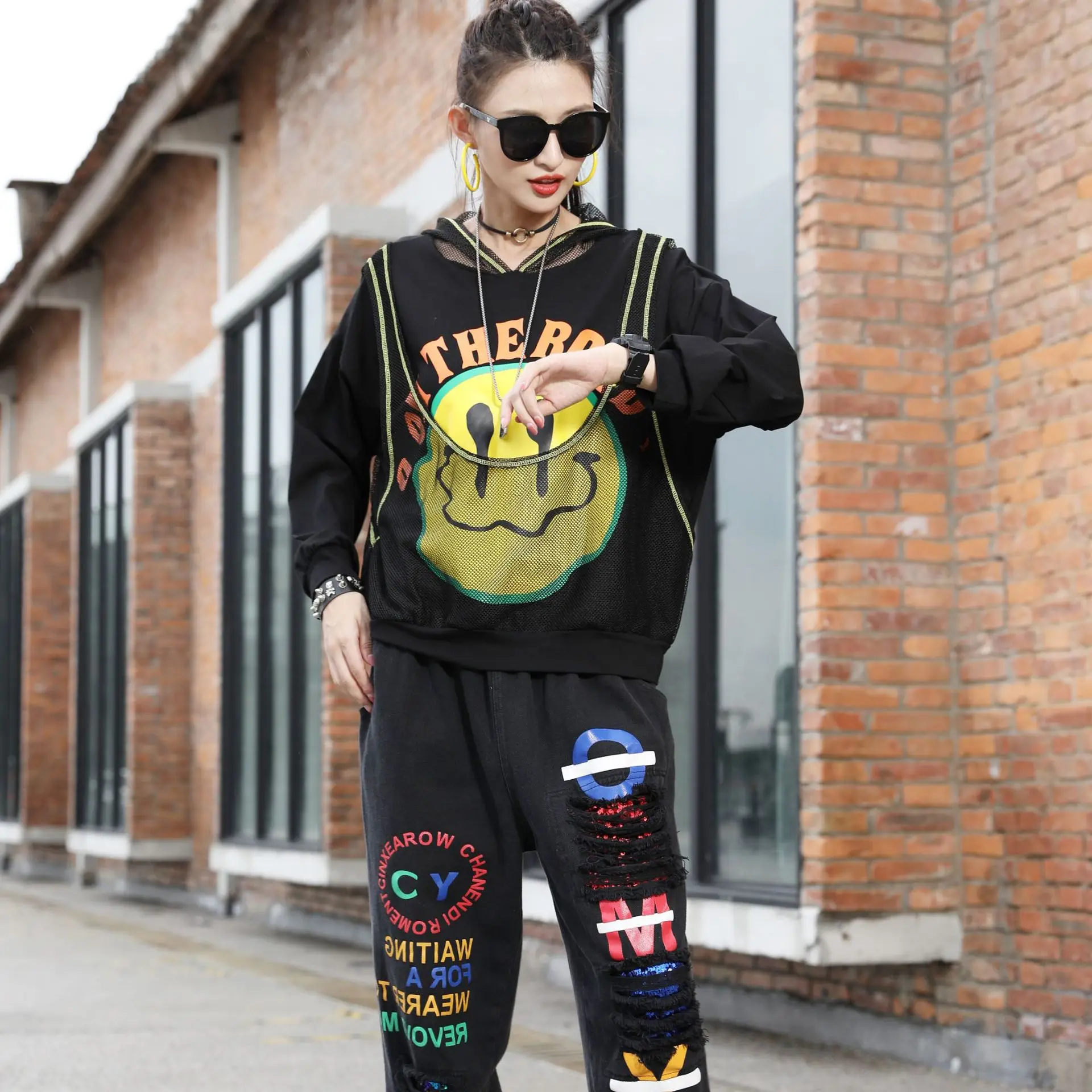 

Loose plus size sweater hoodie women 2020 autumn new Korean version of printed mesh hooded street long-sleeved sweater