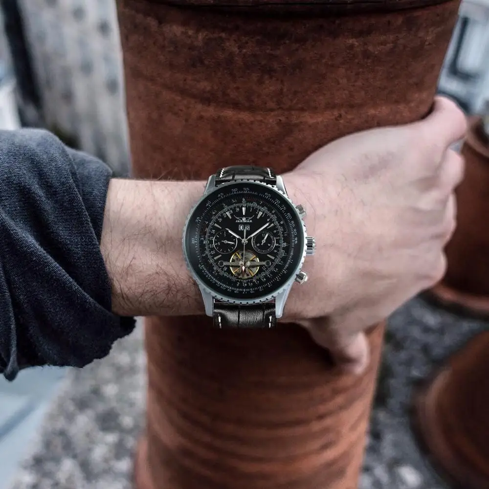 Мужские автоматические механические часы JARAGAR Tourbillon классические с кожаным
