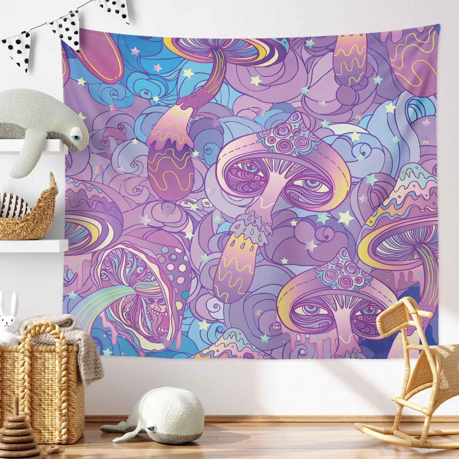 

Dancing Cute Psychedelic Fantasy Steam Mushroom Art Decor Tapestry Pink Star Printed Polyester Wall Hanging