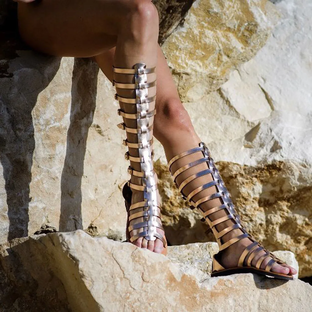 

Сандалии-гладиаторы женские до колена, римские босоножки на плоской подошве, повседневная обувь